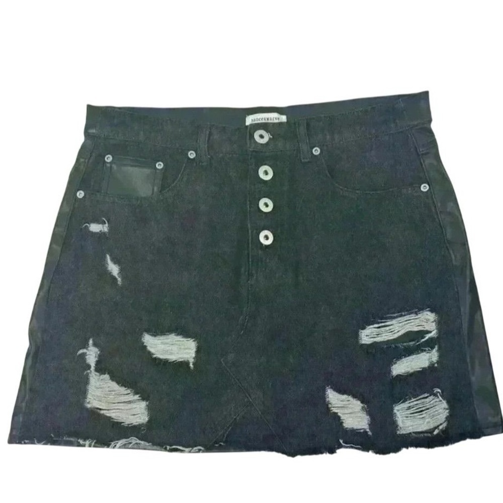 Dance & Marvel Women's‎ Distressed Black Denim faux leather Mini Skirt Size M - Picture 9 of 13